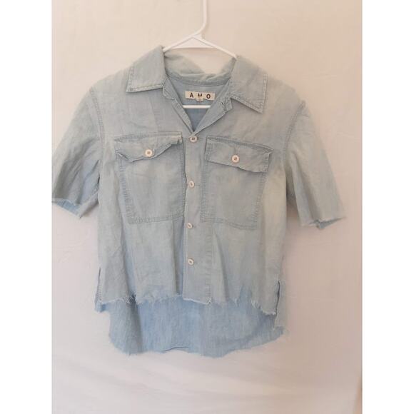 AMO Denim Chambray Raw Hem Short Sleeve Button Down Shirt Women’s XS Made in USA - Picture 1 of 3